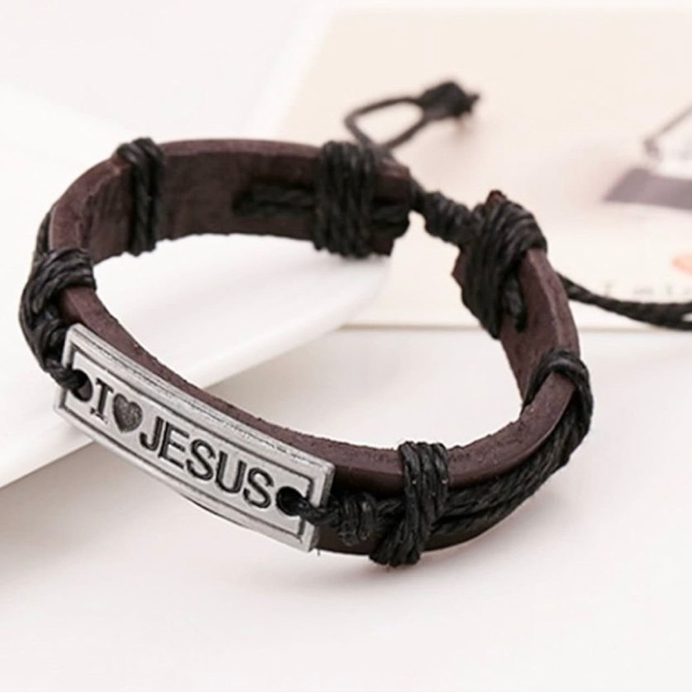 I Love Jesus Leather Metal Bracelet, Brown, Christian Faith Wristband